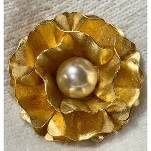 Large 2" Vintage Gold Toned Layered Flower Brooch with Faux Pearl
